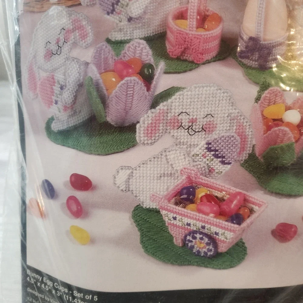Vintage Bucilla 6179 Bunny Egg Cups Plastic Canvas Kit Year 1996 Easter Set of 5
